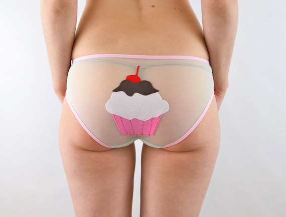 Sheer Panties With Pink Cup Cake and See Through Mint Mesh Fabric 