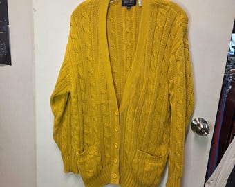 Vintage 90s Mustard Yellow Cable Knit Cardigan | Chunky Fisherman Grandpa Sweater | 100% Cotton Open Front Knitwear | Size Medium Bay Club
