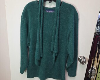 Vintage Linda Lundstrom Forest Green Textured Knit Sweater with  Scarf, 1980s 1990s Canadian Designer Slouchy Cowl Neck Pullover Wool blend
