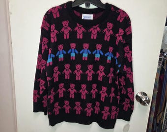 Vintage 80s Teddy Bear Novelty Knit Sweater Black Pink Blue Lauren Knitwear Crewneck |Retro 1980s Grandmacore Kidcore Whimsygoth Cottagecore