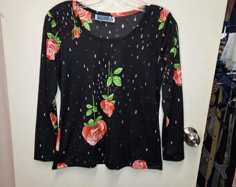 Vintage 80s Sears The Shop For Sportswear Rose Print Top | Late 70s Early 80s Geometric Confetti Triangle Floral Long Sleeve Tee Black | M/L
