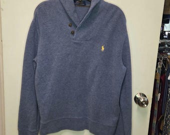 Vintage 90s Polo Ralph Lauren Shawl Collar Pullover Sweater Blue Cotton Knit / Y2K Preppy Academic Aesthetic Knitwear Long Sleeve