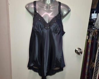 Vintage 1980s French Maid Satin Teddy Bodysuit | Size Large Grand | Eaton's Department Store Exclusive | Metallic gray Black Lace Intimates