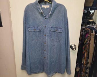 Vintage 90s Tabi Blue Denim Shirt XL Oversized Light Wash Long Sleeve Button Down Cotton Shacket | Casual Retro Canadian Streetwear pockets