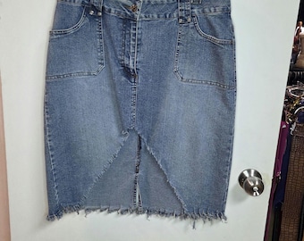 Vintage y2k B.U.M. denim skirt front slit and raw, frayed hem.