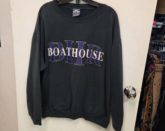 Vintage 90s Boathouse Row Spellout Sweatshirt Black Embroidered Crewneck Pullover Large Plaid Logo Sportswear Grandpa Streetwear Aesthetic