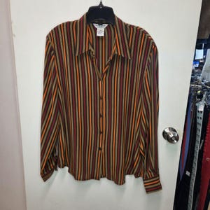 Vintage 90s Silk Striped Blouse XL | Earth Tone Vertical Stripe Button Up Shirt | The Work Connection 100% Silk Fall Colors Grandpacore