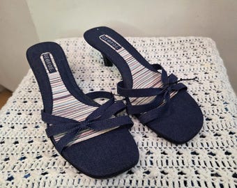 NWOT Vintage Y2K Denim Kitten Heels | 90s George Blue Jean Sandals with Bow Straps and Striped Footbed, Square Toe Mule Slides Size