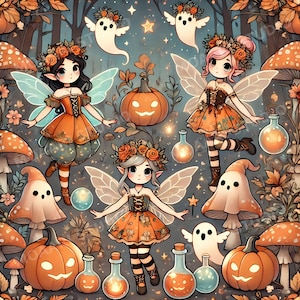 Hada de Halloween PNG imprimible - Lindas brujas de fantasía, calabazas, fantasmas y pociones - Arte digital kawaii para sublimación de álbumes de recortes o pegatinas