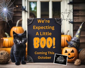 ハロウィンの赤ちゃん誕生のお知らせ：不気味な黒猫とカボチャ（デジタル）