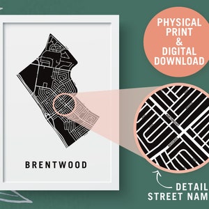 Brentwood (avec noms de rues) | Impression moderne de carte de voisinage | Carte numérique de Calgary | Affiche personnalisée personnalisée