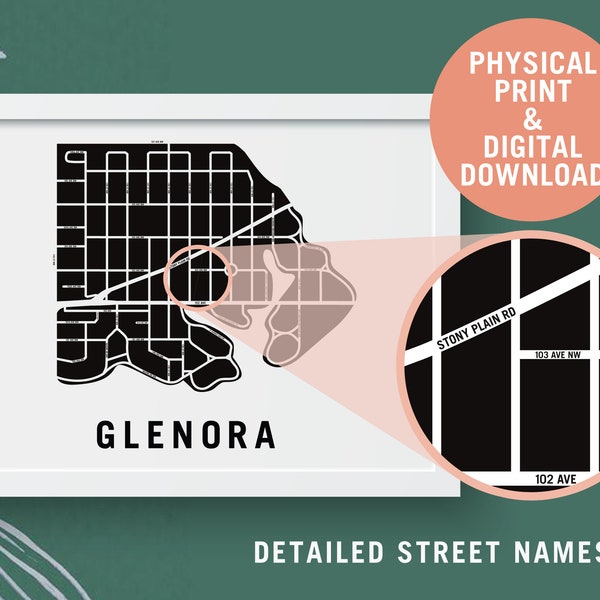 Glenora (with street names) | Modern Neighbourhood Map Print | Digital Download | Edmonton Map | Custom Personalized Poster