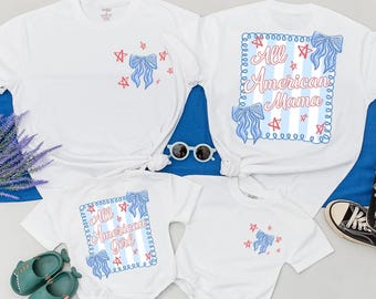 Personalized All American Mama and Girl Matching Outfit, 4th of July Bow Shirts, Custom Independence Day Clothes, Gift for Patriotic Baby
