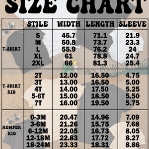 May include: A size chart for t-shirts and rompers, with measurements in centimetres. The chart includes sizes for adults and children, detailing width, length, and sleeve measurements. The text "SIZE CHART" is at the top.