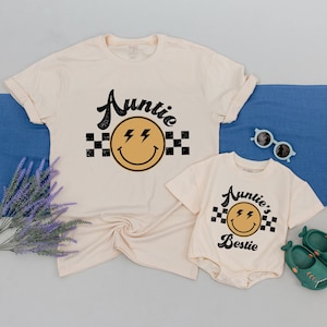 Auntie and Auntie&#39;s Bestie Shirt, Baby Romper, Aunt and Nephew Shirt, Gift for Aunt, Gift for Niece, Gift For Nephew, Neutral Boho Retro Tee