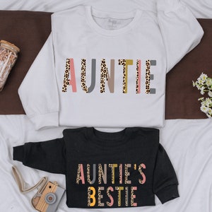 Custom Auntie And Aunties Bestie Sweatshirt, Aunt Matching Family Shirt, Leopard Kid Sweatshirt, Fall Season OutFit, Baby Girl Romper Gift