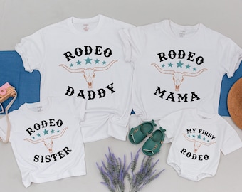 My First Rodeo Birthday Family Matching Shirt, 1st Rodeo Western Farm Theme Birthday Party Tshirt, Cowboy Cowgirl Bday Outfit Mama Daddy Tee