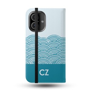 Happy Beach Waves - Gepersonaliseerde portemonnee-telefoonhoesje voor iPhone- en Galaxy-model, kaarthouder, veganistische leren flipcase - aangepast monogram