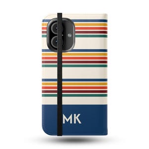 Retro Mod Stripes - Funda de teléfono personalizada con billetera para iPhone y modelos Galaxy, tarjetero, funda con tapa de cuero vegano - Monograma personalizado