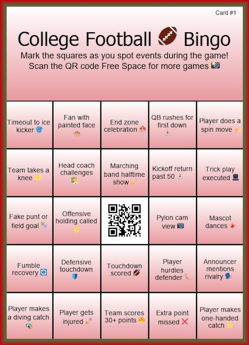 College Football Bingo Watch Party Bingo College Football Games