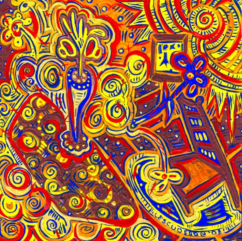 ABSTRACT Art Print 12x 12 Yellow Red Outsider image 0