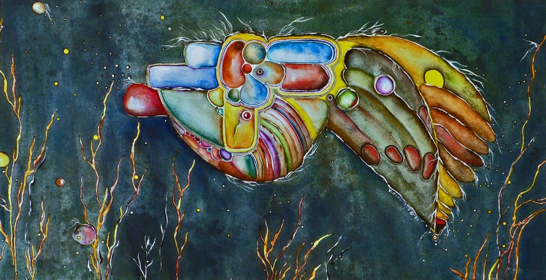 ORIGINAL Watercolor Painting 20x10 Blue Red image 0