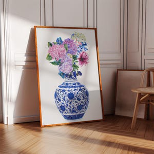 Floral, Chinese vase floral, Ginger jar art, chinoiserie print, Blue and white vase, Hydrangea print, Home decor, Chinoiserie, Wall art,