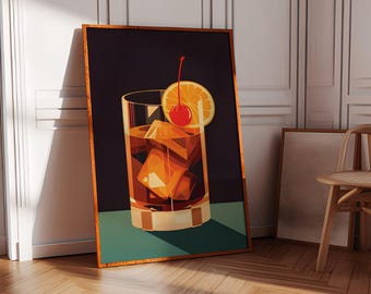 Old Fashioned Cocktail Poster, Cocktail Art, Printable Wall Art, Bar decor, Home Bar Art, Digital Print, Alcohol Wall Decor, Old Fashioned