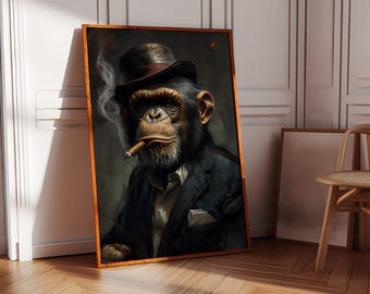 Retrato vintage de un chimpancé caballero, chimpancé con ropa, retrato de un animal renacentista, cabeza de animal, cuerpo humano, arte de pared masculino, impresión