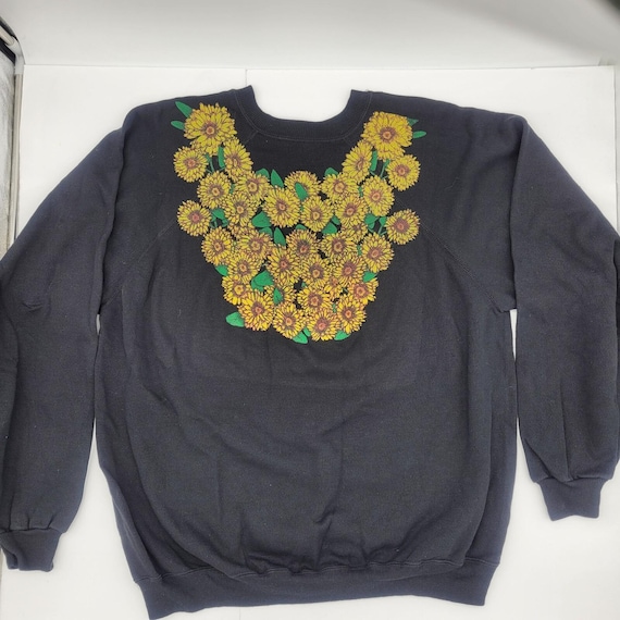 Hanes, Vintage 90s Hanes Womens Crewneck Sweatshirt Black Yellow Sunflowers Graphics XL