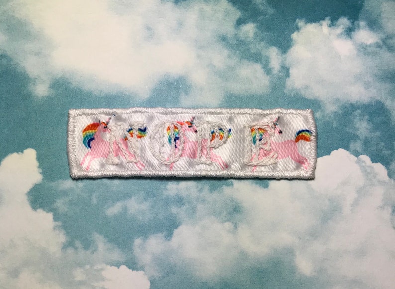White on white ribbon with rainbow unicorns NOPE patch embroidered patch Handmade Sew on patch.