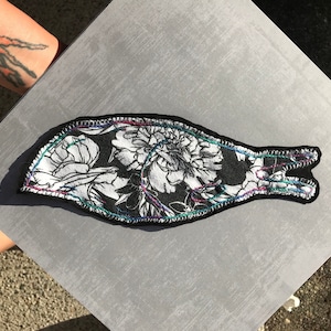 Slug - black & white floral patch. UPCYCLED. Hand embroidered patch. Sew on slug art. PNW patch. Unique patch.