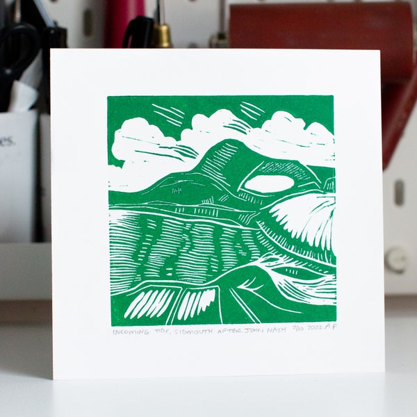 Handmade lino cut print. Landscape design of the incoming tide at Sidmouth in Devon. Printed in dark phthalo green.