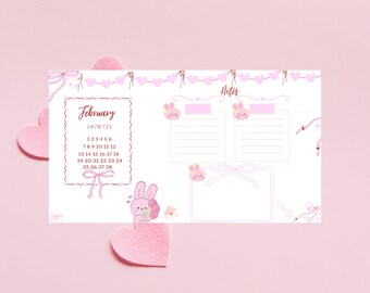 May include: A printable February calendar with a pink and white color scheme. The calendar features a cute bunny illustration and a notes section. The calendar is decorated with hearts and a string of lights.