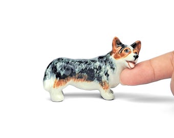 Tiny Ceramic Merle Corgi Figurine: Hand-Painted Dollhouse Dog