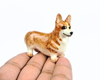 Hand-Painted Ceramic Corgi Figurine: Miniature Dog Decor