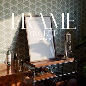 DIN A Retro Frame Photoshop Mockup | Interieur barwagen | ISO Frame PSD-mockupsjabloon voor weergave van kunst en prenten | Vintage Vibes-esthetiek