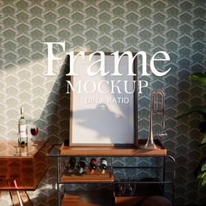 Makieta Vintage Aesthetic Bar Cart – Retro PSD Frame Template do wydruków artystycznych | Scena wyświetlania DIN A