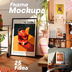 25 Retro Bar Cart & Cafe Frame Mockup Bundle: Mid-Century Wall Art Templates (PSD Files)