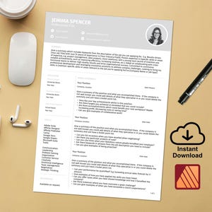 Könnte beinhalten: Eine graue und weiße Lebenslaufvorlage mit einem Foto einer Frau in der oberen rechten Ecke. Die Vorlage enthält einen Abschnitt für berufliche Fähigkeiten, eine Zusammenfassung und Berufserfahrung. Der Text "Sofort herunterladen" befindet sich in einer weißen Wolke mit einem nach unten zeigenden Pfeil.