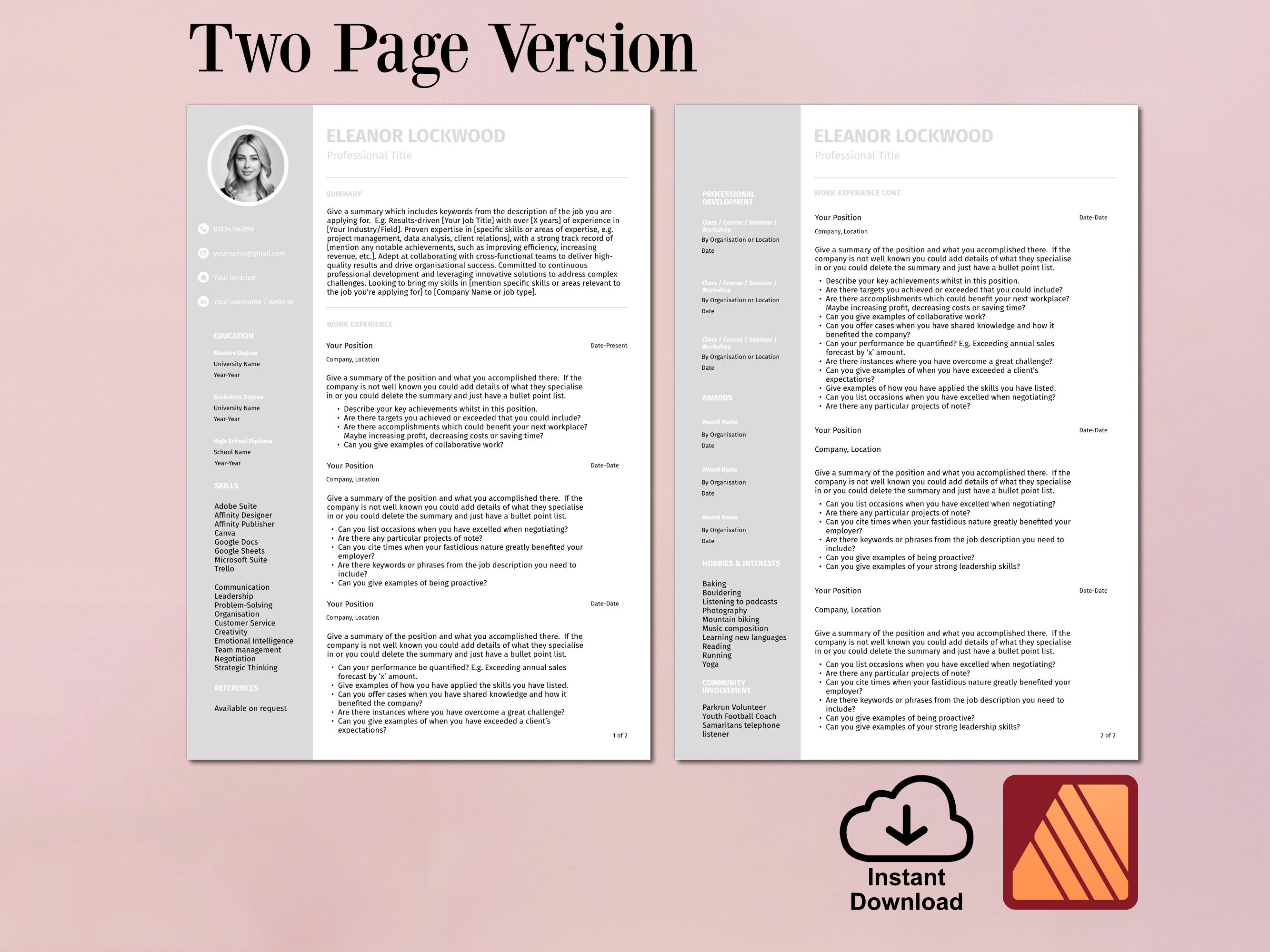 Affinity Publisher Editable Resume Template With Photo | Professional ...