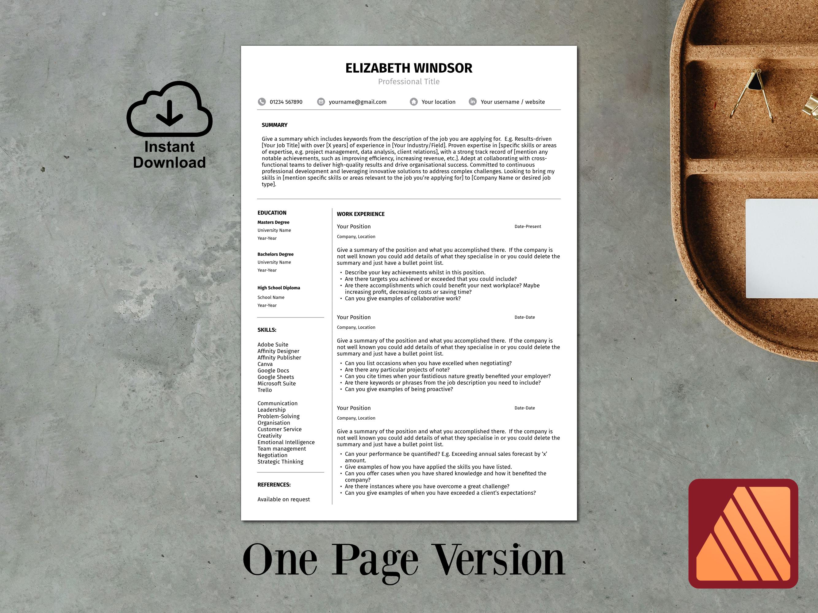 Affinity Publisher Editable Resume Template | Professional CV, Cover ...