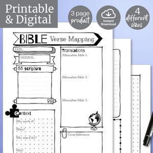 Plantilla imprimible de mapas de versículos bíblicos para Bullet Journal, guía de estudio digital, notas para adolescentes y niños, hoja de trabajo compatible con Goodnotes Notability