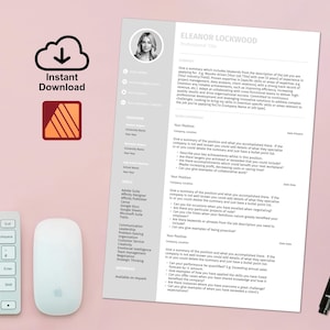 May include: A resume template with a photo, titled "Eleanor Lockwood." Includes sections for education, skills, and experience. A keyboard, mouse, pen, and a download icon are also visible.