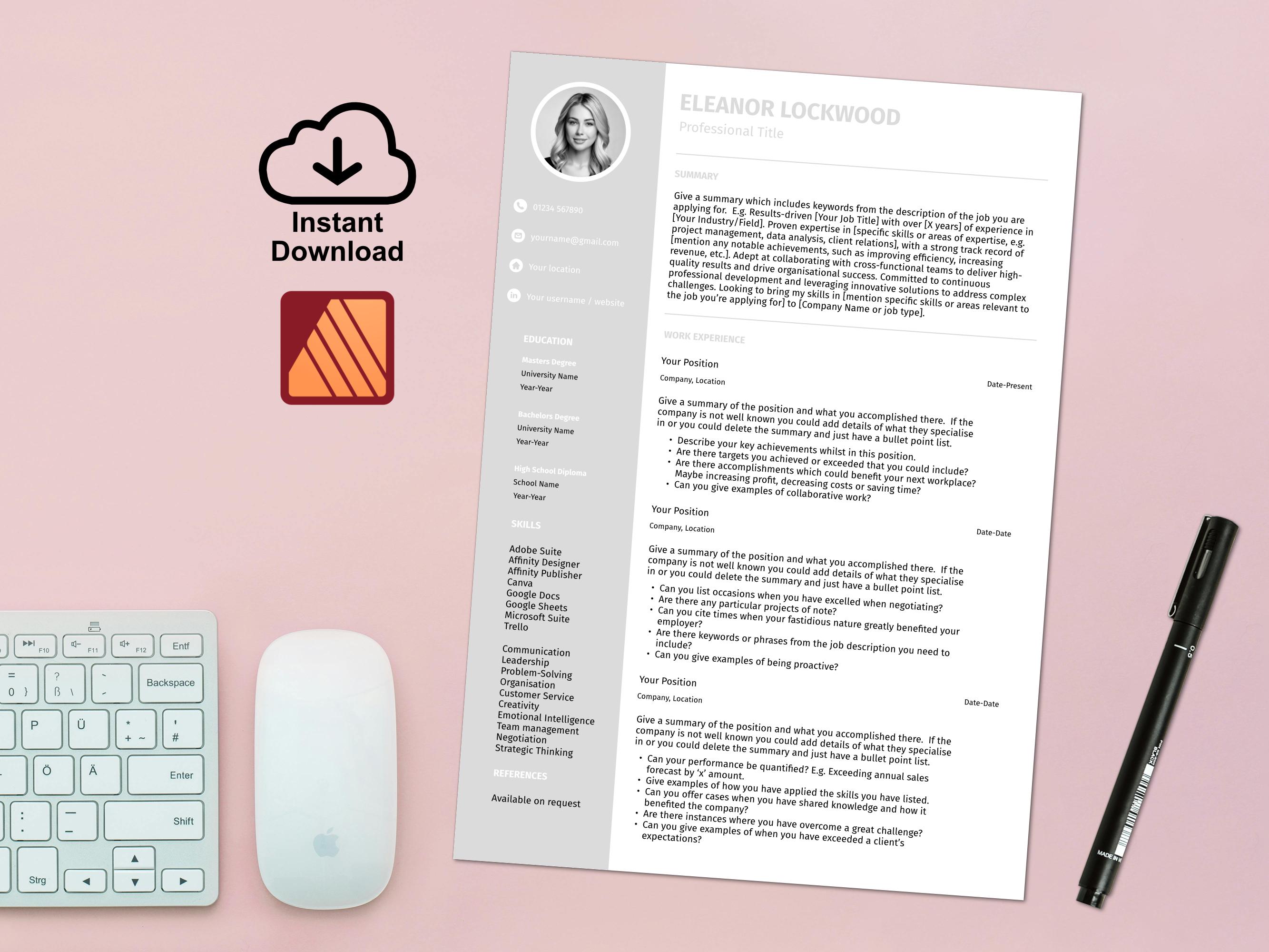 Affinity Publisher Editable Resume Template With Photo | Professional ...