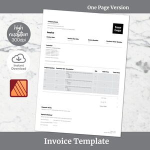 May include: A black and white invoice template with the text "One Page Version" at the top and "Invoice Template" at the bottom. The template includes fields for company name, invoice date, invoice number, purchase order number, customer information, project number, customer ref, description, quantity, unit price, total price, payment terms, and payment method.