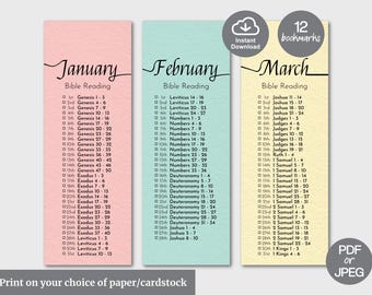 May include: Printable Bible reading plan bookmarks for January, February, and March. The bookmarks are pink, blue, and yellow with black text. The text includes the month, Bible Reading, and a list of Bible verses.