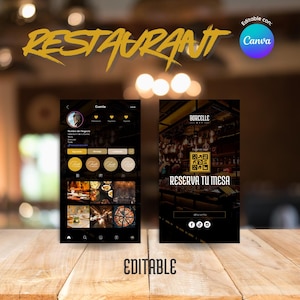 Pode incluir: Um design digital de menu de restaurante com a palavra "Restaurant" em escrita dourada. O design inclui duas maquetes de tela de telefone, uma com um perfil e a outra com o texto "Reserva Tu Mesa". O design é editável com Canva.