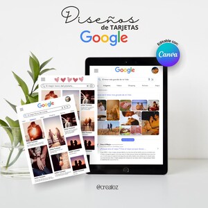 Może przedstawiać: Cyfrowy projekt z tabletem i dwoma wydrukami wyświetlającymi wyniki wyszukiwania Google z romantycznymi obrazami. Tekst zawiera "Diseños de TARJETAS Google" i "Editable con Canva". Roślina w szklanym wazonie znajduje się w tle.