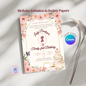 Bridgerton Birthday Invitation | Lady Whistledown Society Papers | Pink Floral Party Invite | Editable Canva Template | Digital Download